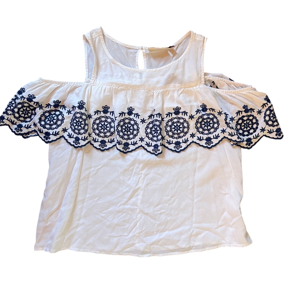SO‎ Authentic American Heritage White Navy Embroidered Cold Shoulder Boho Top M